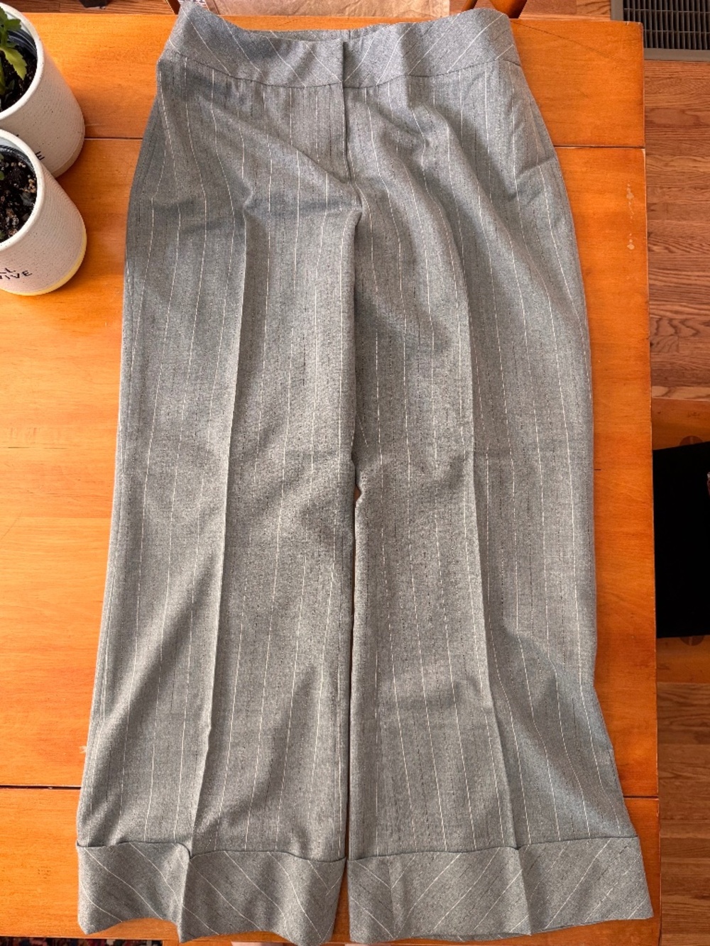 Classiques Entier Gray Pinstripe Wide Leg Cuffed Wool Blend Dress Pants